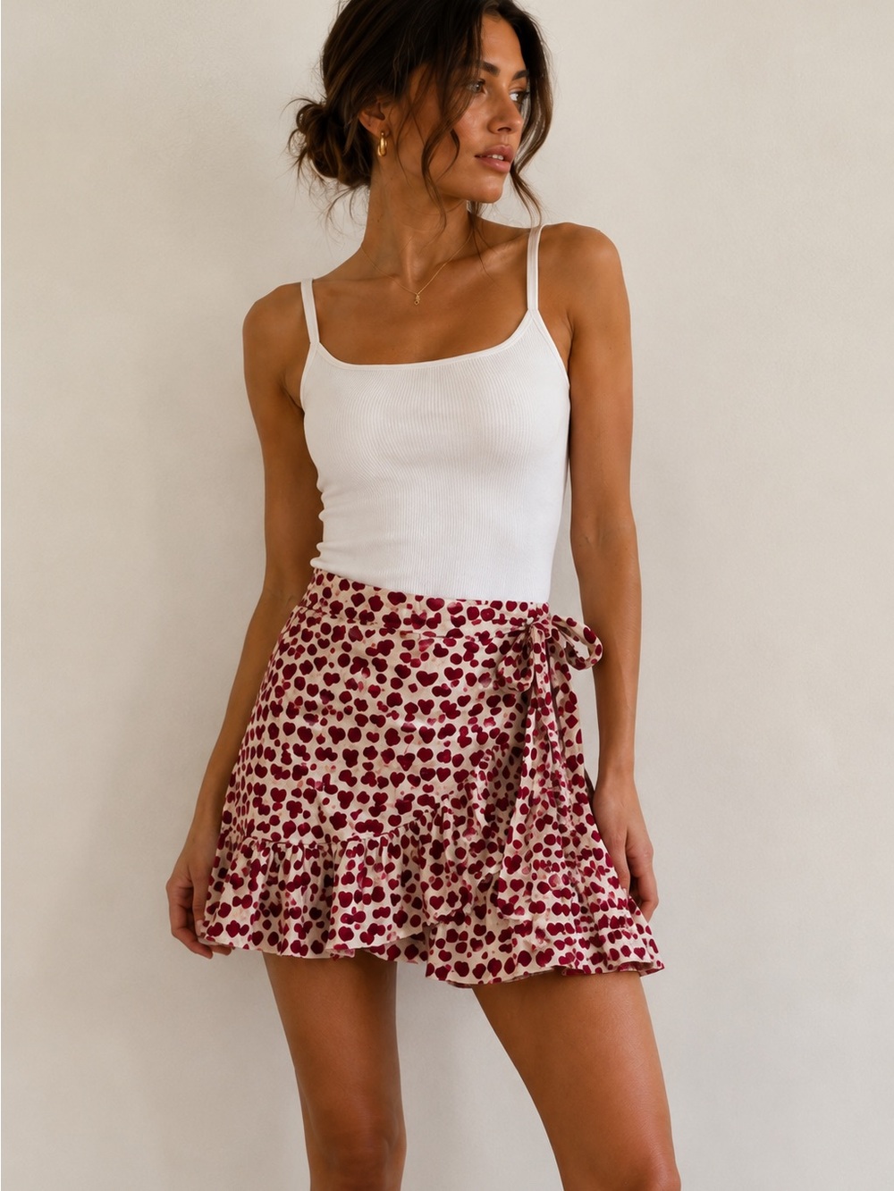 MILK Heart Print Ruffle Wrap Mini Skirt Cream Red Size Small Cute Y2K